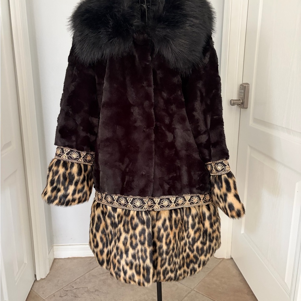 Women's Black Faux Fur Trench Coat with Leopard Print Trim
